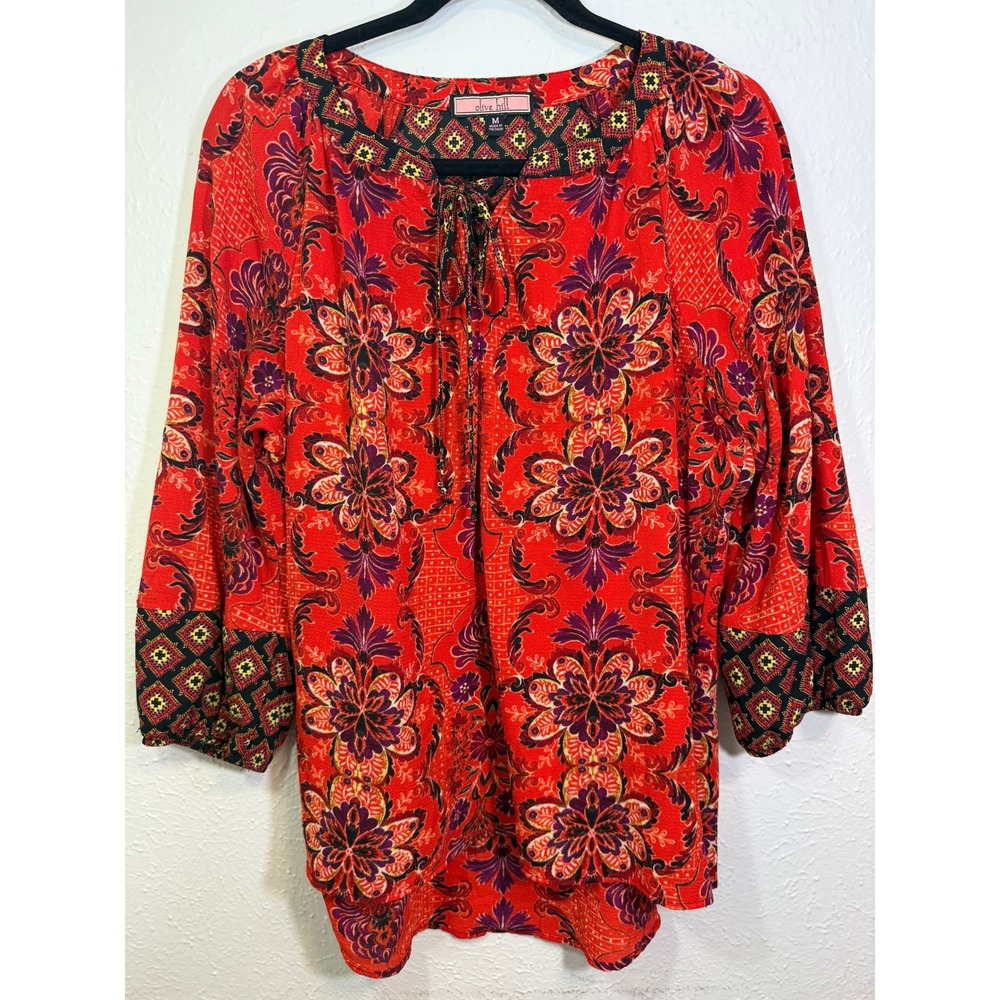 Olive Hill Red Paisley Floral Peasant Blouse Tassel Tie 3/4 Sleeve Medium